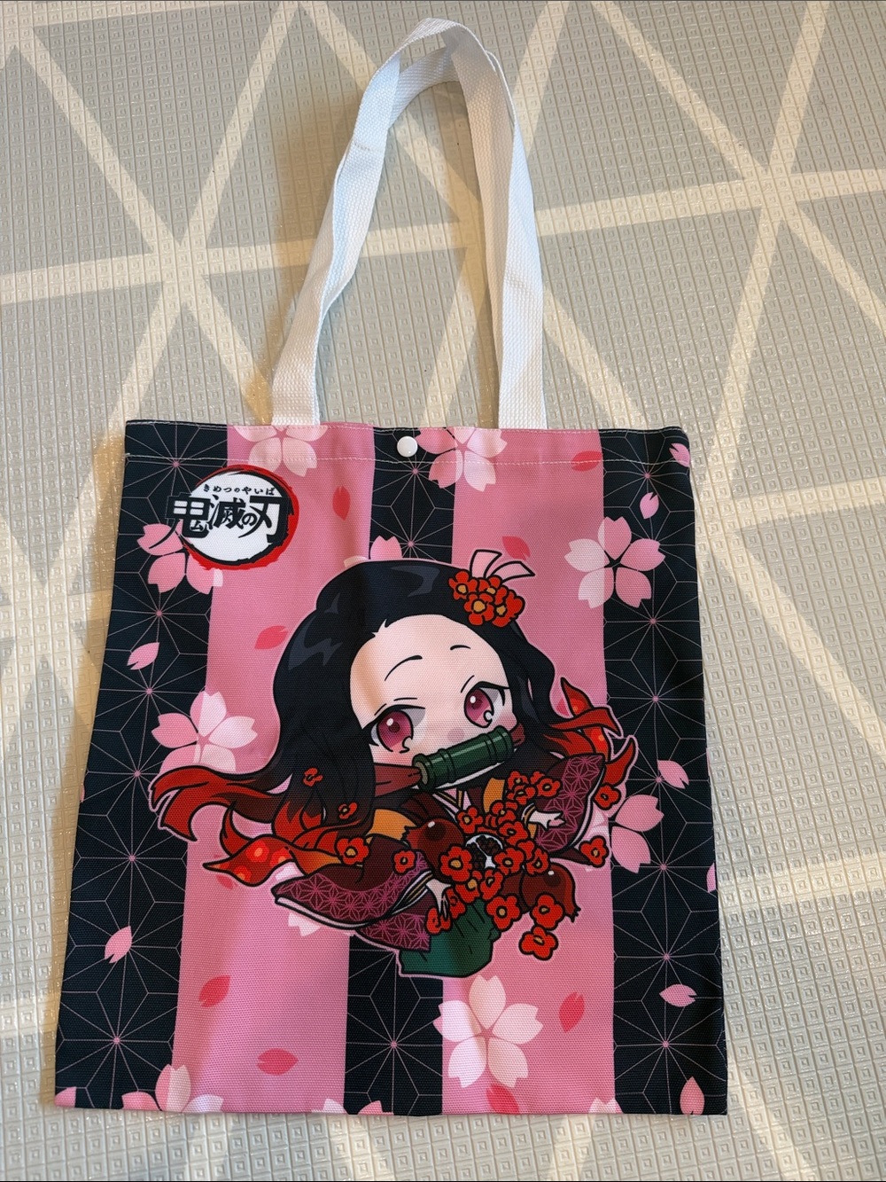 “Like New” Pink Anime Floral Tote Bag with White Handles
